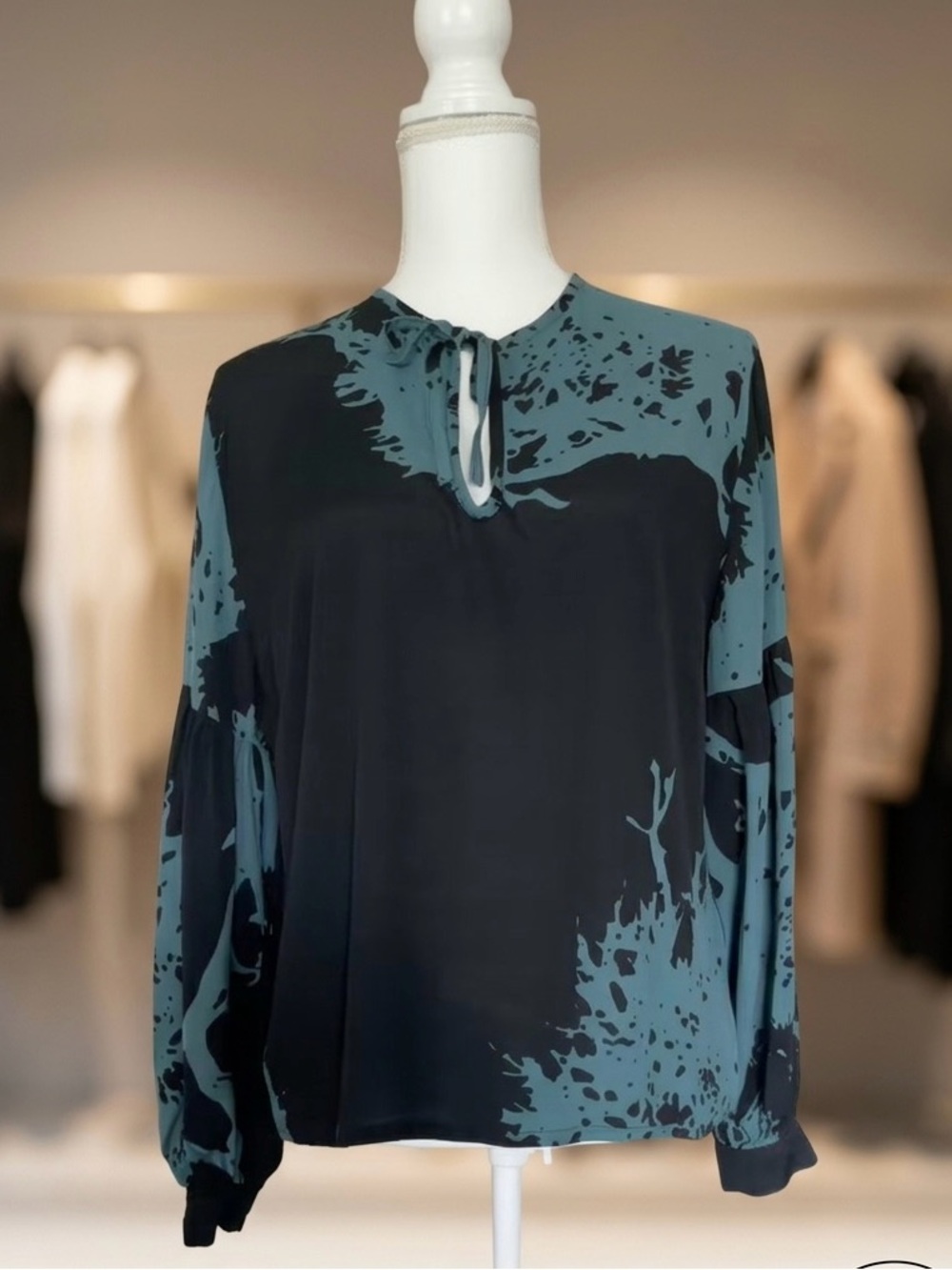 BEL KAZAN Teal & Black Abstract Art Print Tie-Neck Blouse Size L